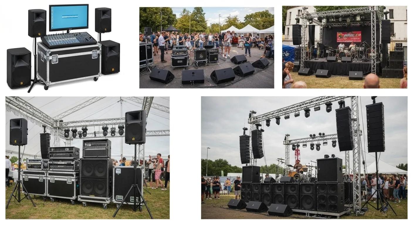 Diverse sound system rental options displayed in an event setting, showcasing equipment for various event sizes