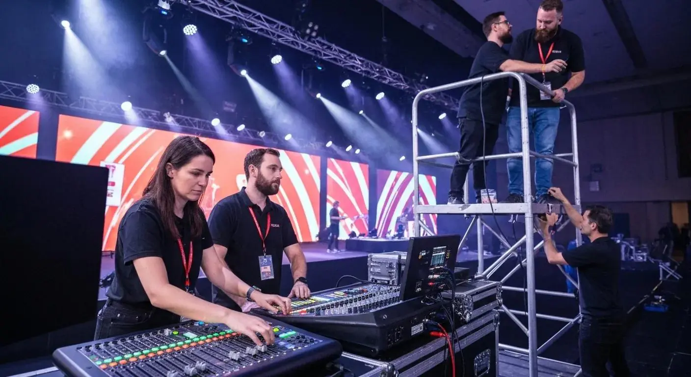 Event production team coordinating audio and lighting services