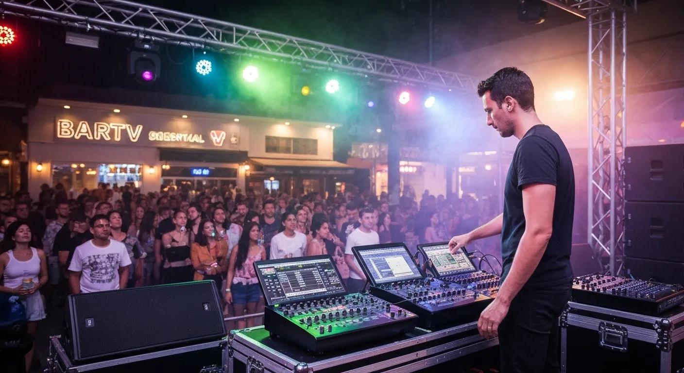 Live sound event with audio engineer and audience enjoying performance