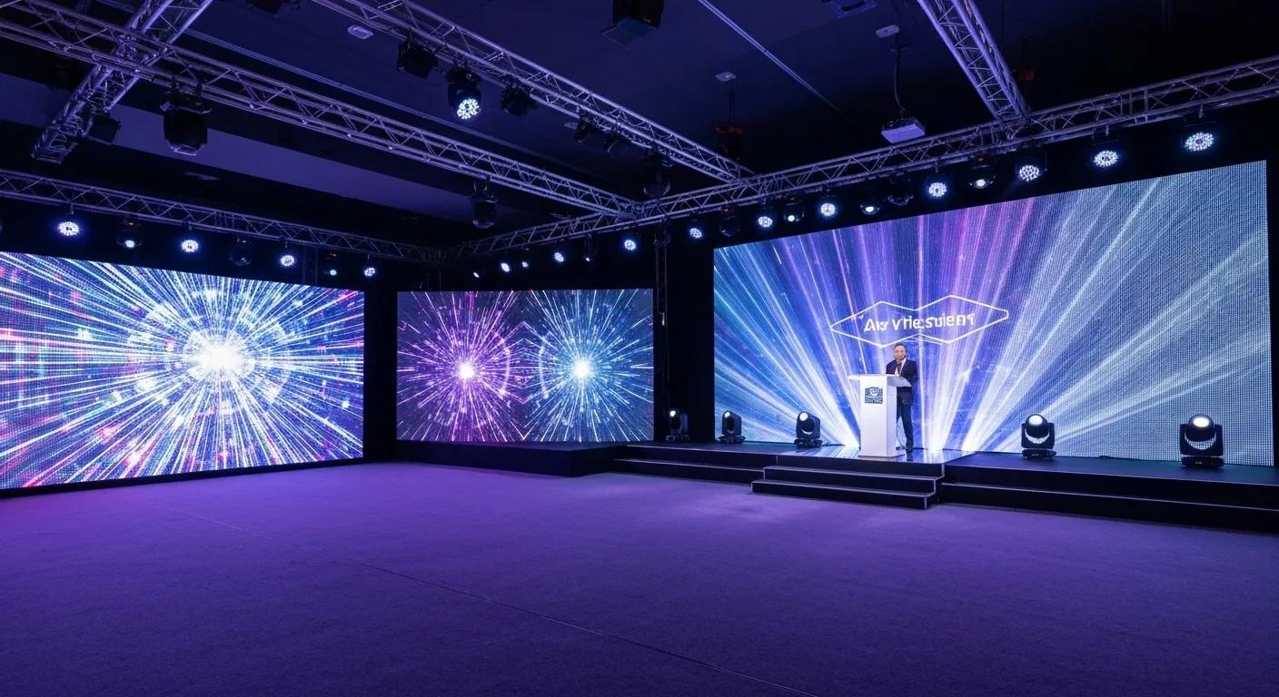 Advanced AV and lighting solutions at an event, showcasing LED video walls and dynamic stage lighting