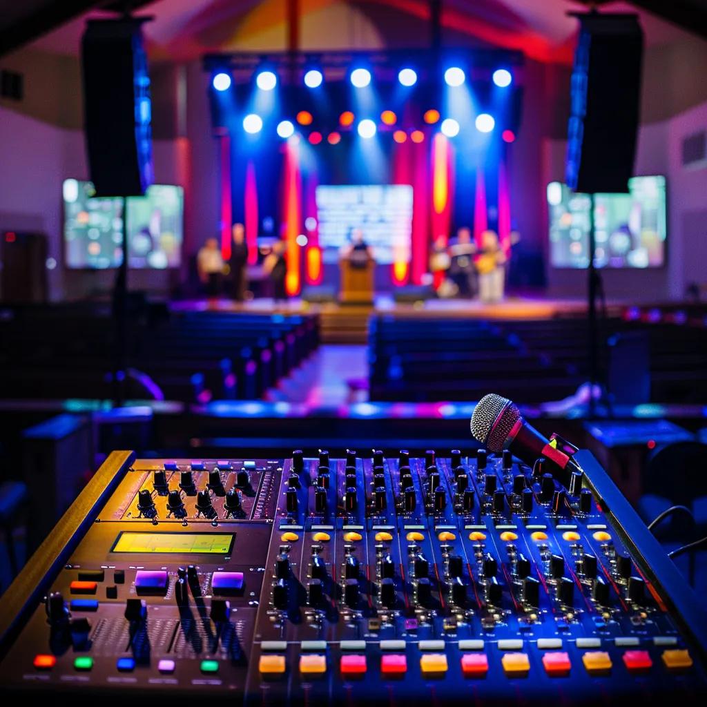 Church sound setup with volunteers managing audio equipment during a worship service